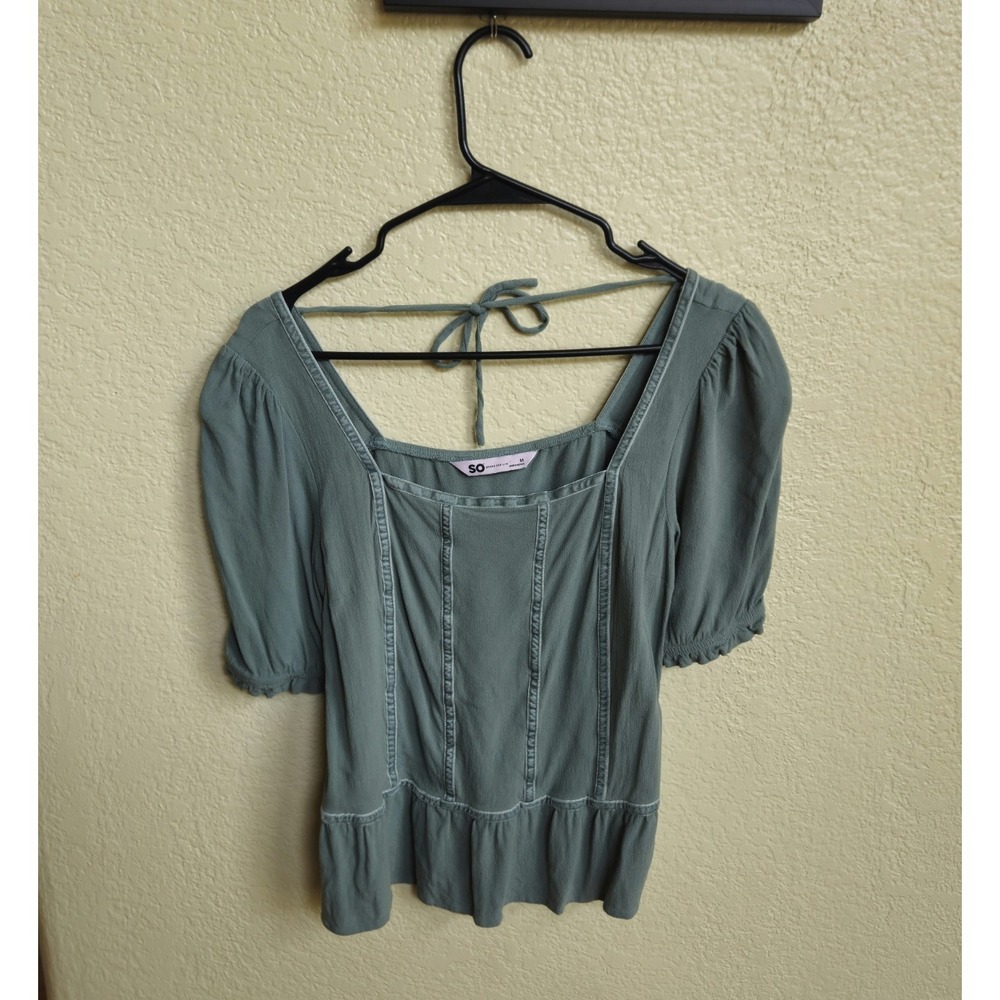 Milk Maid Top Sz Medium Square Neck Tie in Back Pemplum‎ Hem Olive Green Boho